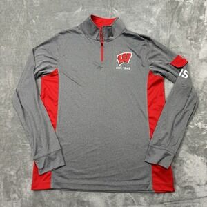 Wisconsin Badgers Shirt Mens Medium Gray Red Long Sleeve‎ 1/4 Zip Box Seat Logo
